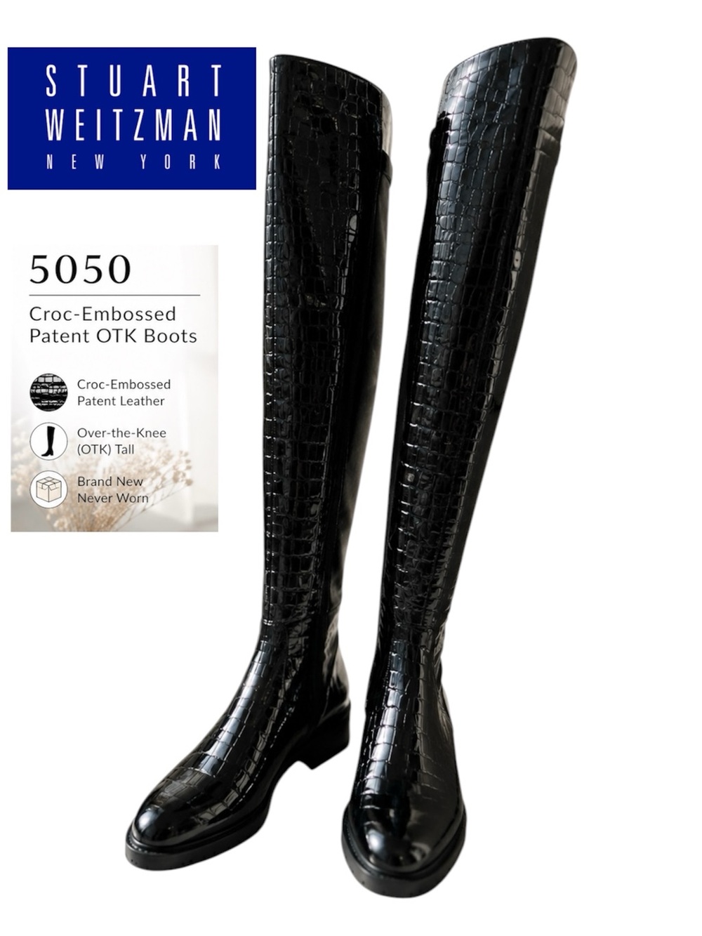 Stuart Weitzman New 5050 Croc-Embossed Patent Leather OTK Boots Leather Spain